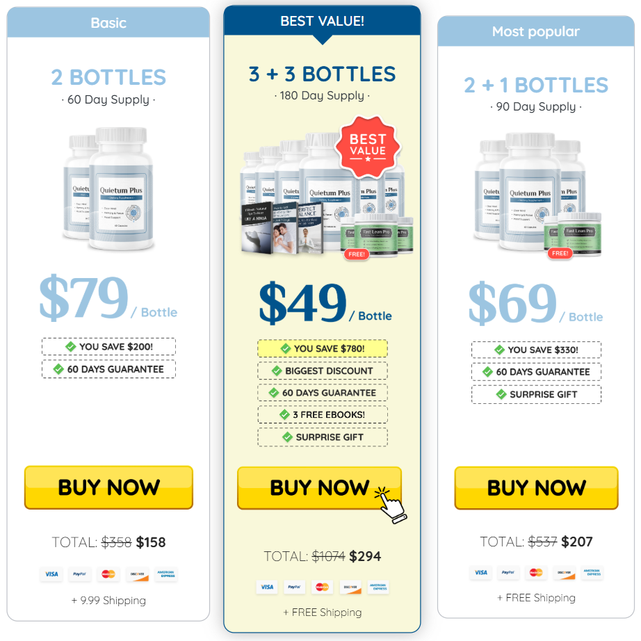 Quietum Plus pricing packages and bonus offer comparison
